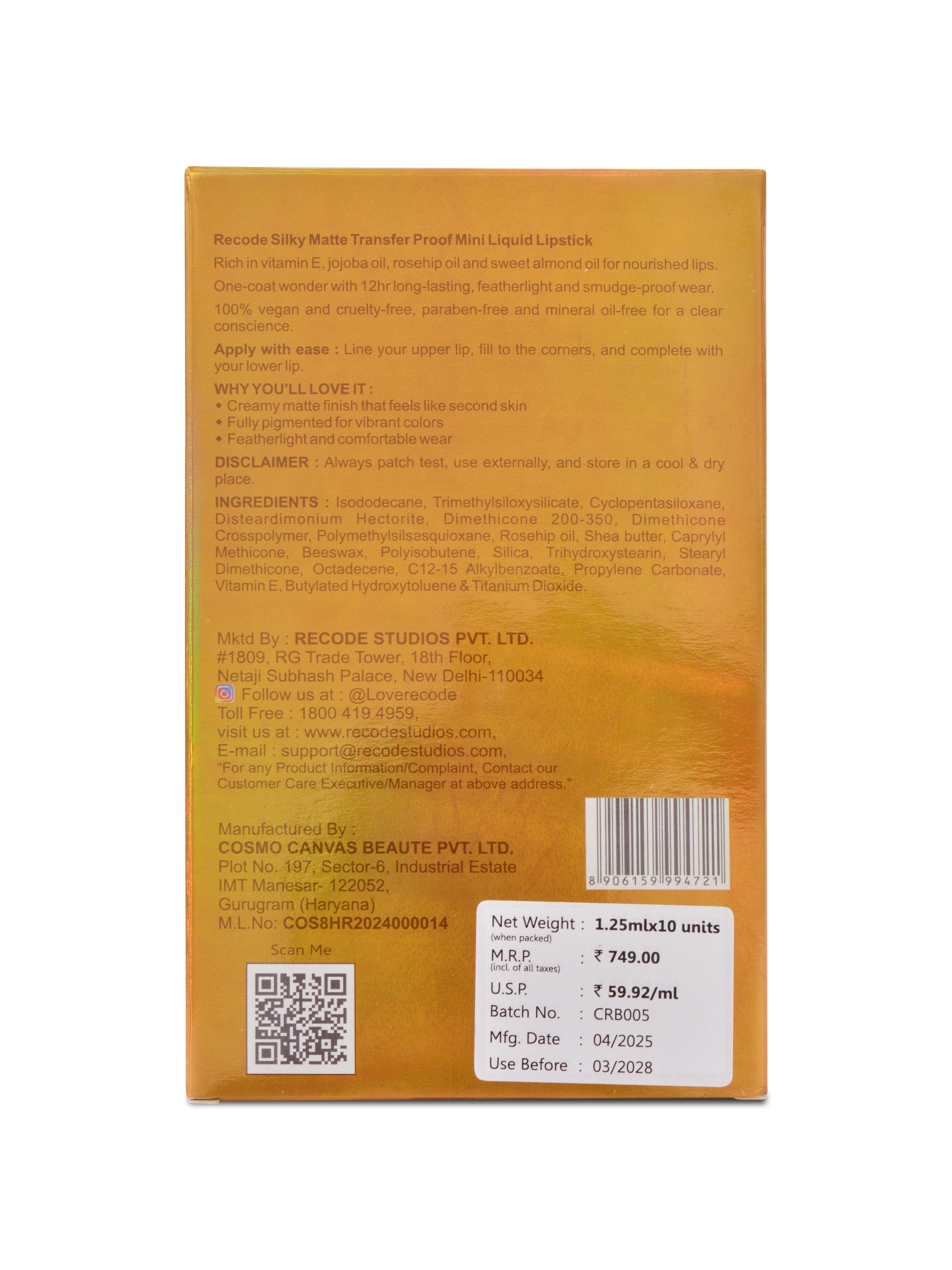 Recode 10 Silky Matte Mini Liquid Lipsticks - 12.50 ML (1.25MLx 10)