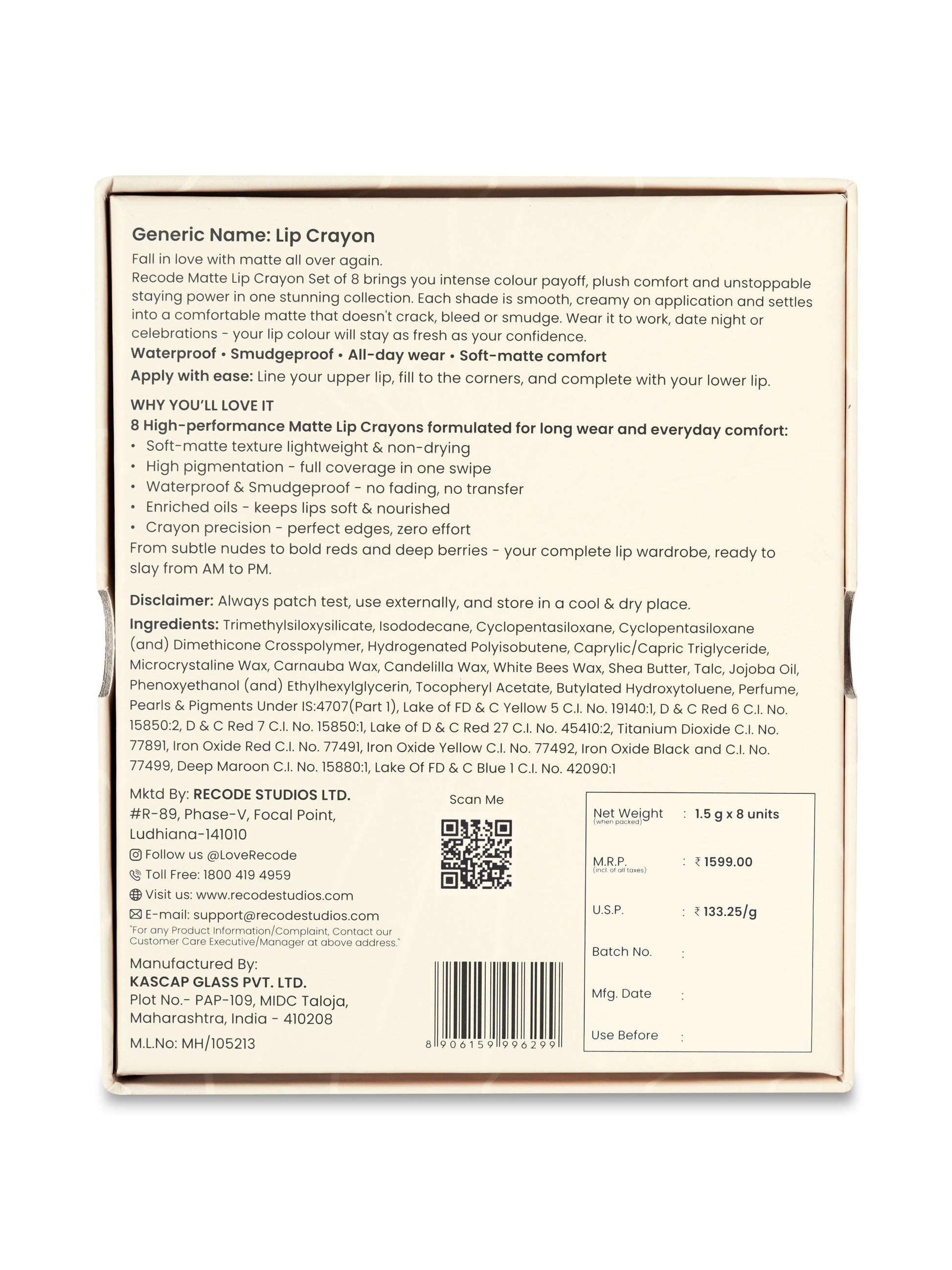 Recode Smudge-proof and waterproof Lip Crayon Set Of 8 (1.5 G X 8)