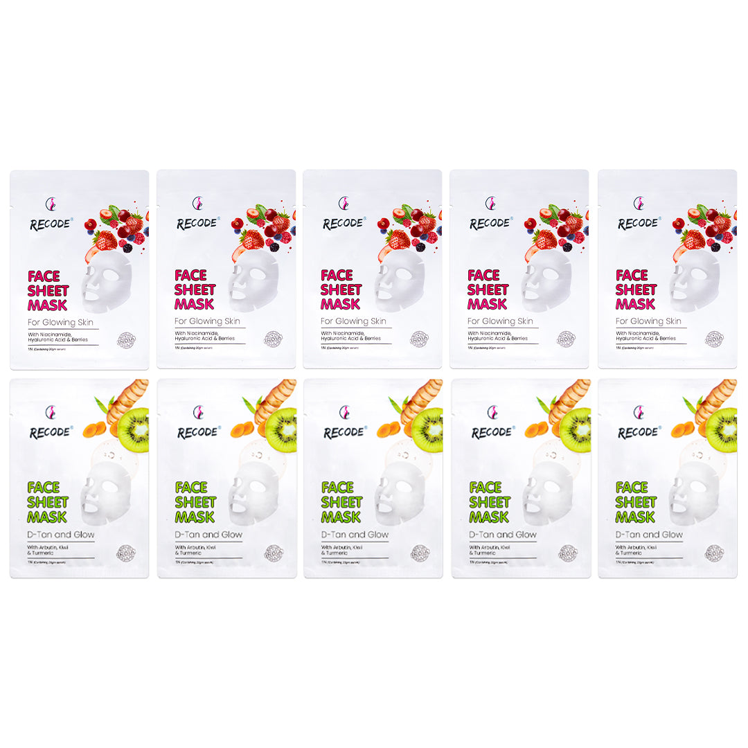 Recode De-Tan and Glow Sheet Mask Combo (Pack of 5 + 5)